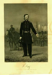 Print of Gen. Siegel in uniform with a sword. Soldiers with a battle flag